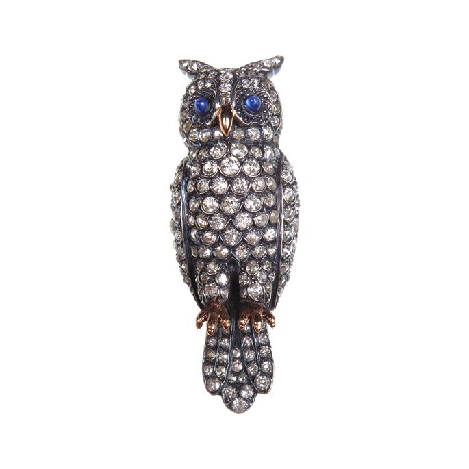 Diamond and sapphire set owl brooch modelled in perched position | MasterArt